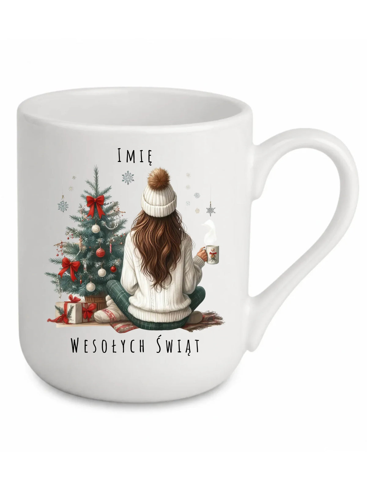 Kubek elegant świąteczny - Dziewczyna przy choince - personalizowany BN15
