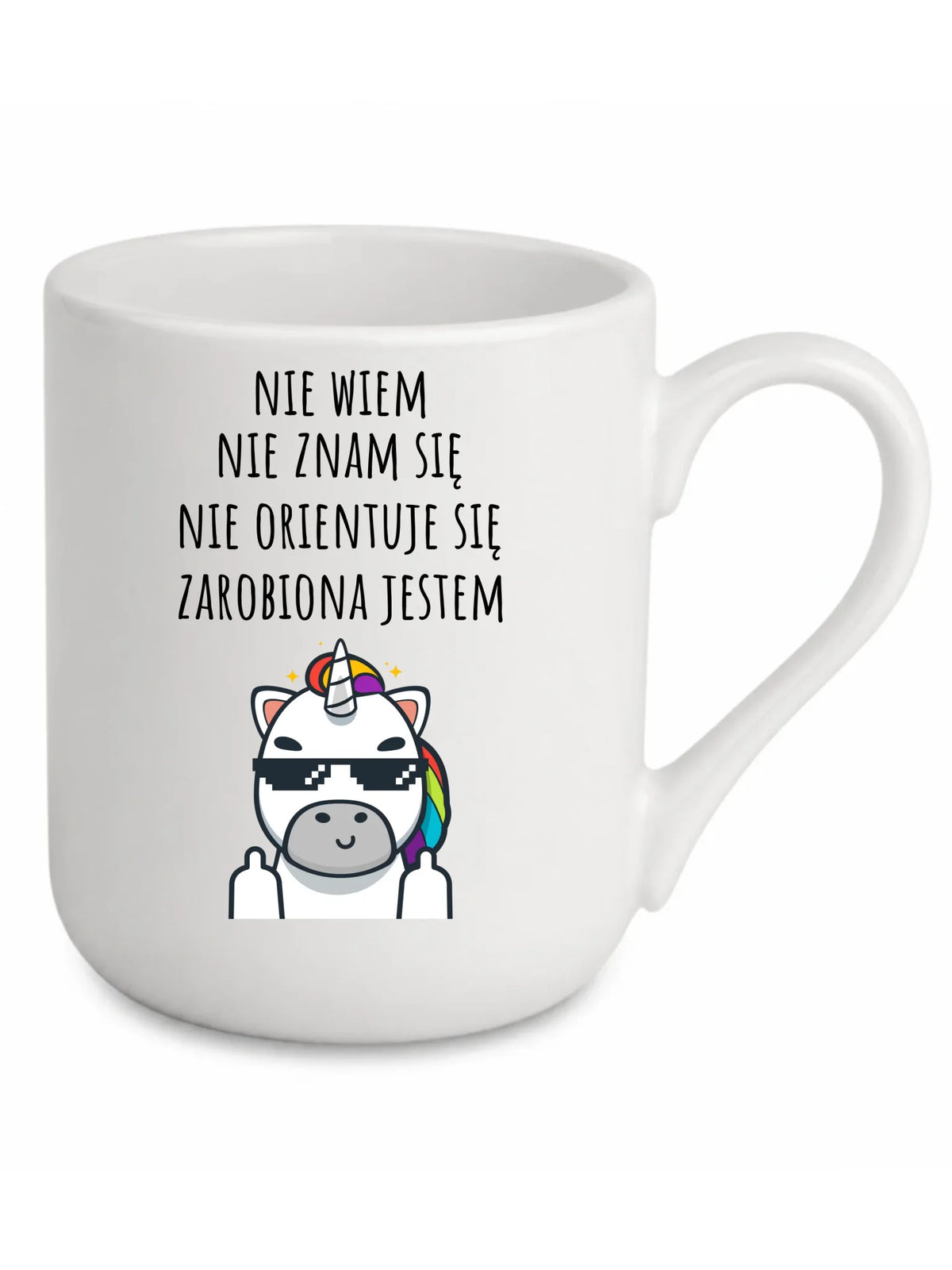 Śmieszny kubek elegant z napisem - Nie wiem, nie znam się, zarobiona jestem DZ05