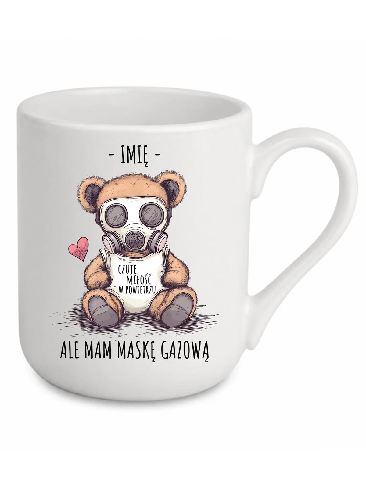 Kubek elegant - Miś w masce gazowej - Czuję miłość w powietrzu - personalizowany W38