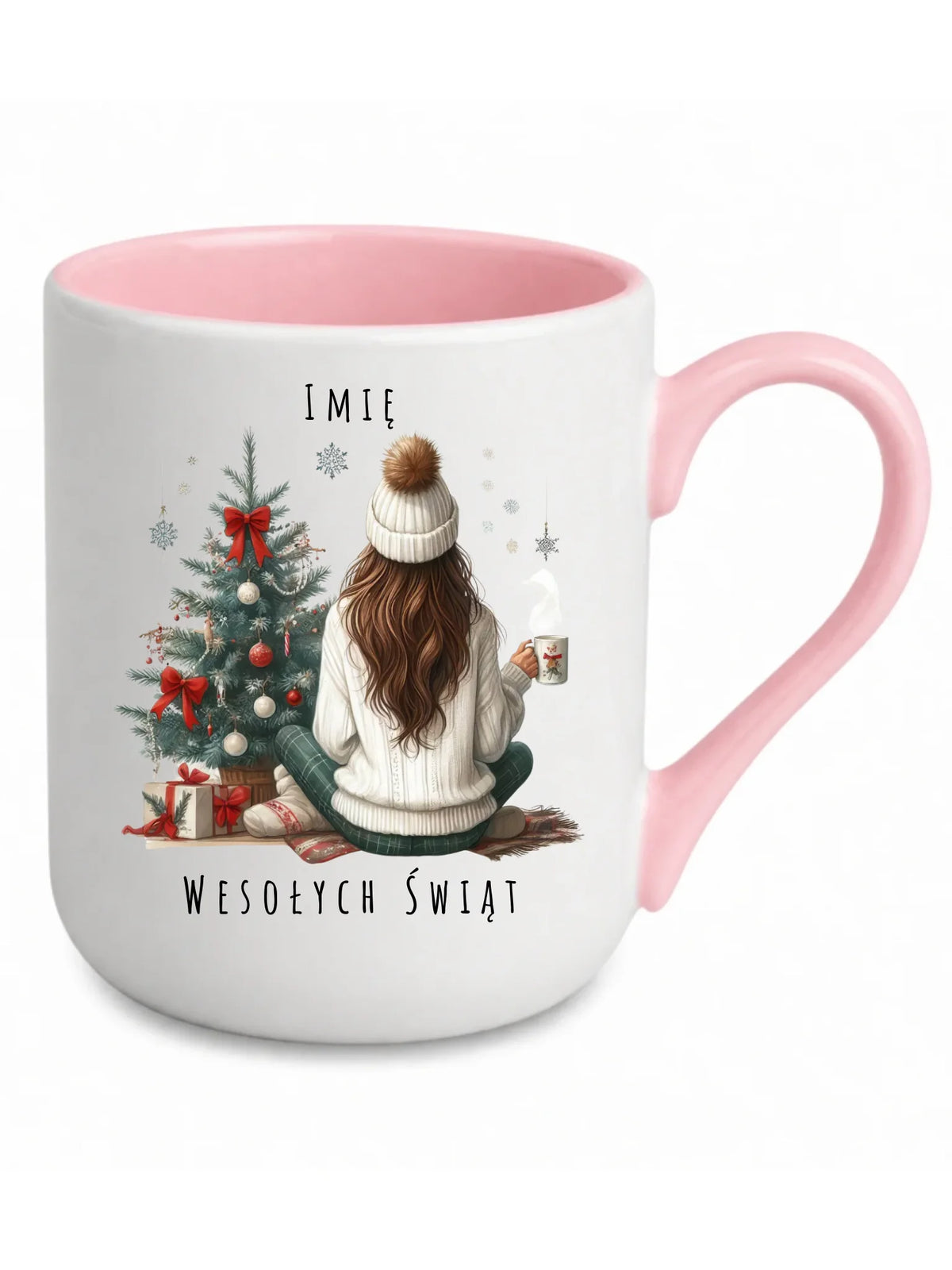 Kubek elegant świąteczny - Dziewczyna przy choince - personalizowany BN15
