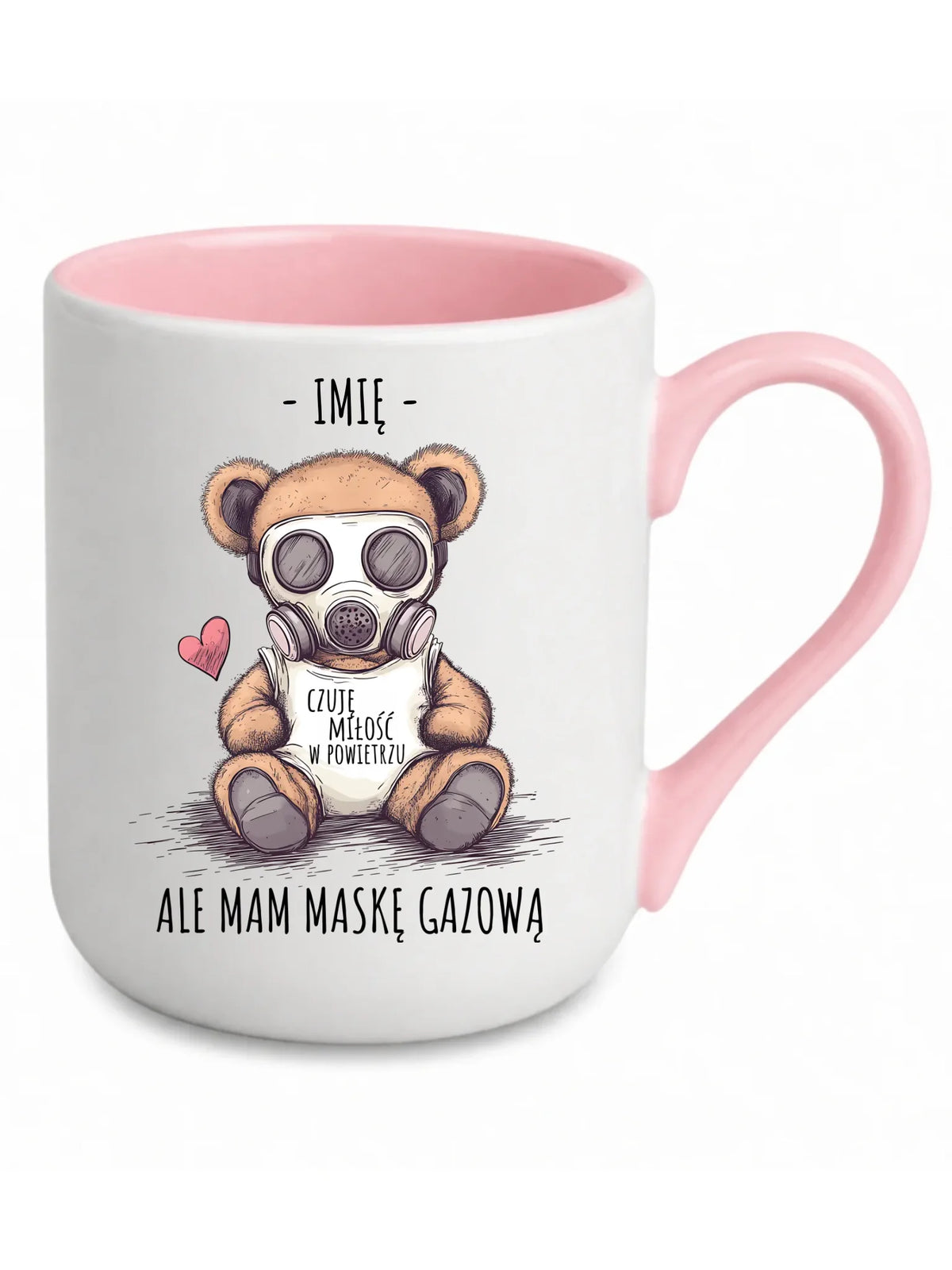 Kubek elegant - Miś w masce gazowej - Czuję miłość w powietrzu - personalizowany W38