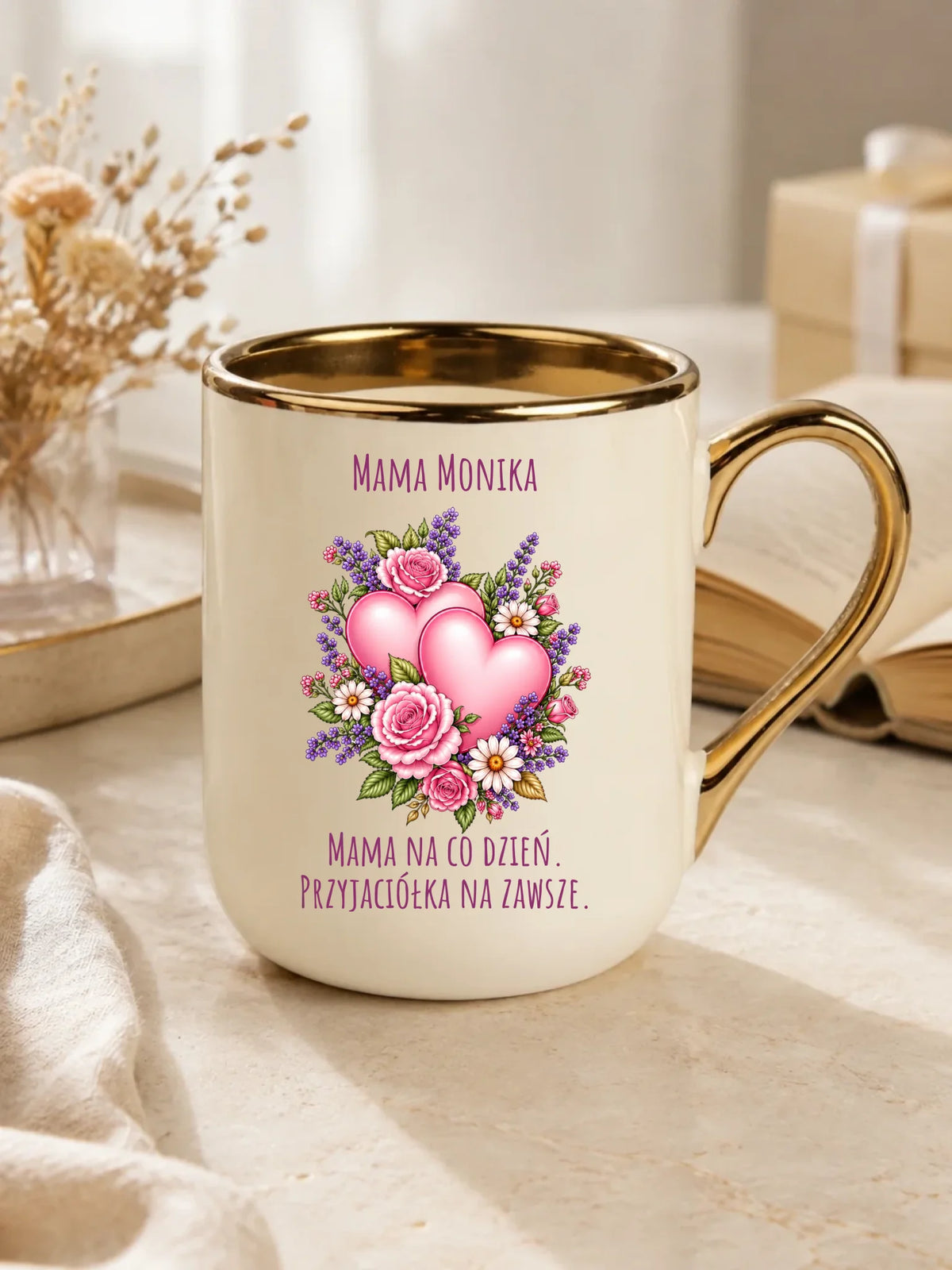 Kubek elegant dla mamy - Bukiet z sercami przyjaciółka - personalizowany DM39