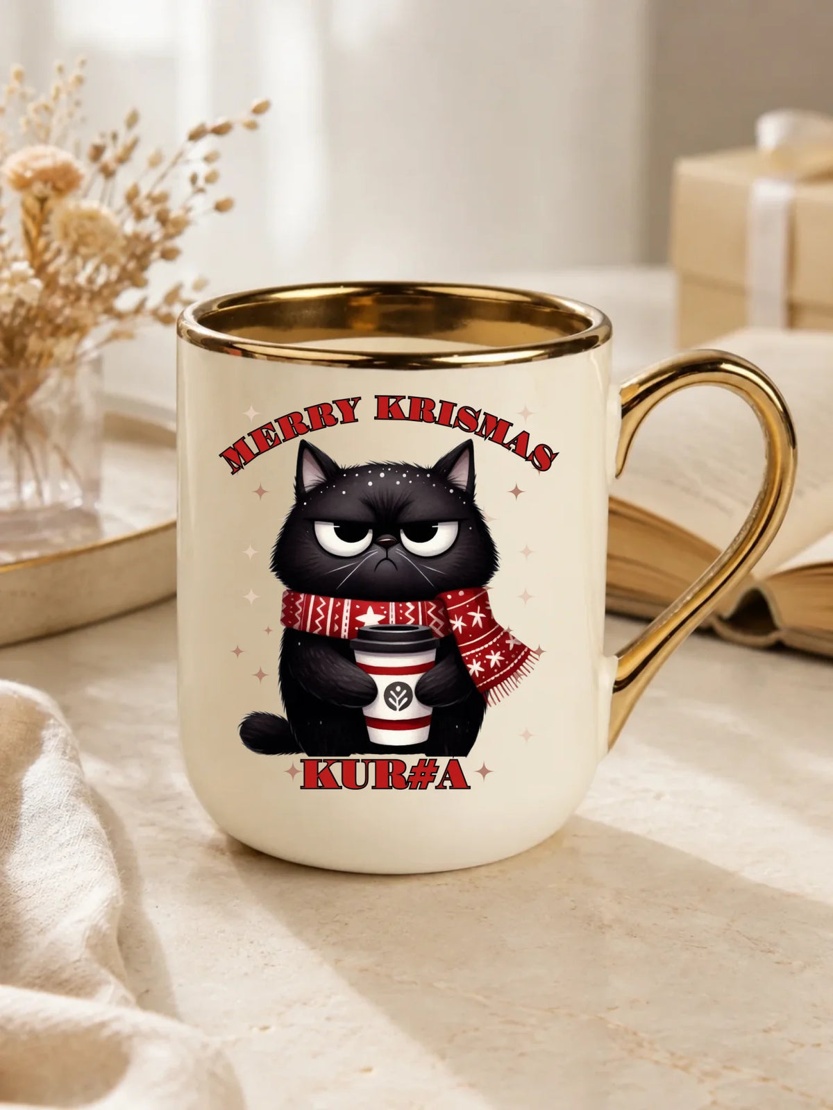 Kubek elegant świąteczny - Zburczany kot Merry Krismas kur#a - bez cenzury BN34