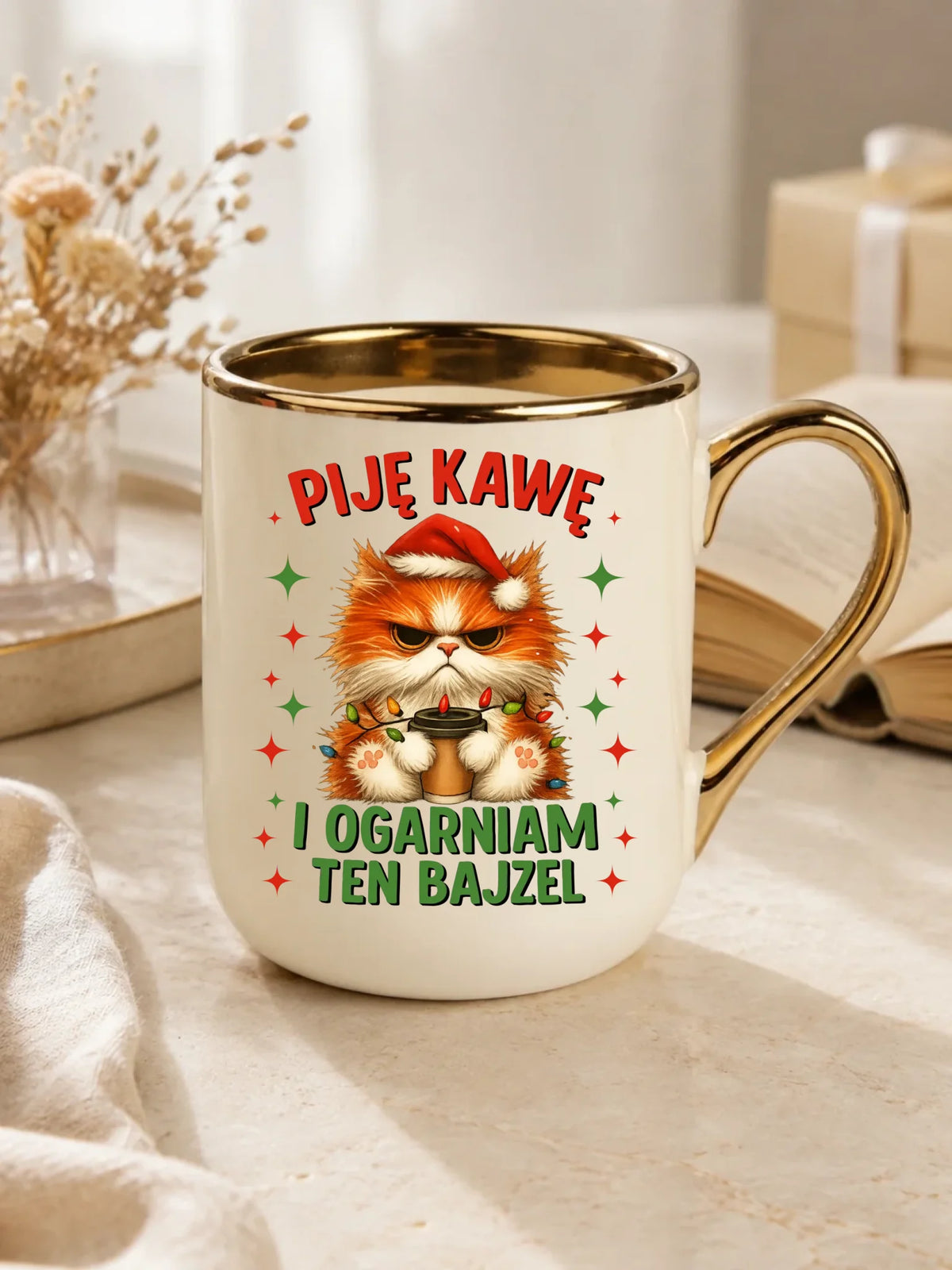 Kubek elegant świąteczny - Kot Piję kawę i ogarniam ten bajzel BN39