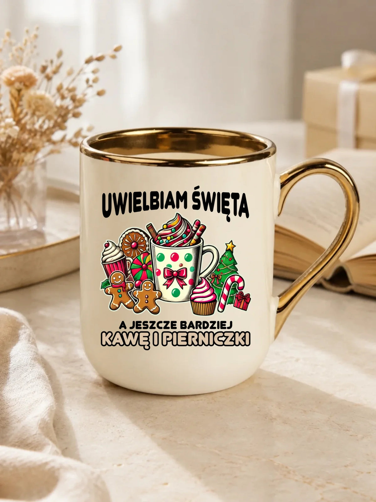 Kubek elegant świąteczny - Uwielbiam święta kawę i pierniczki BN47