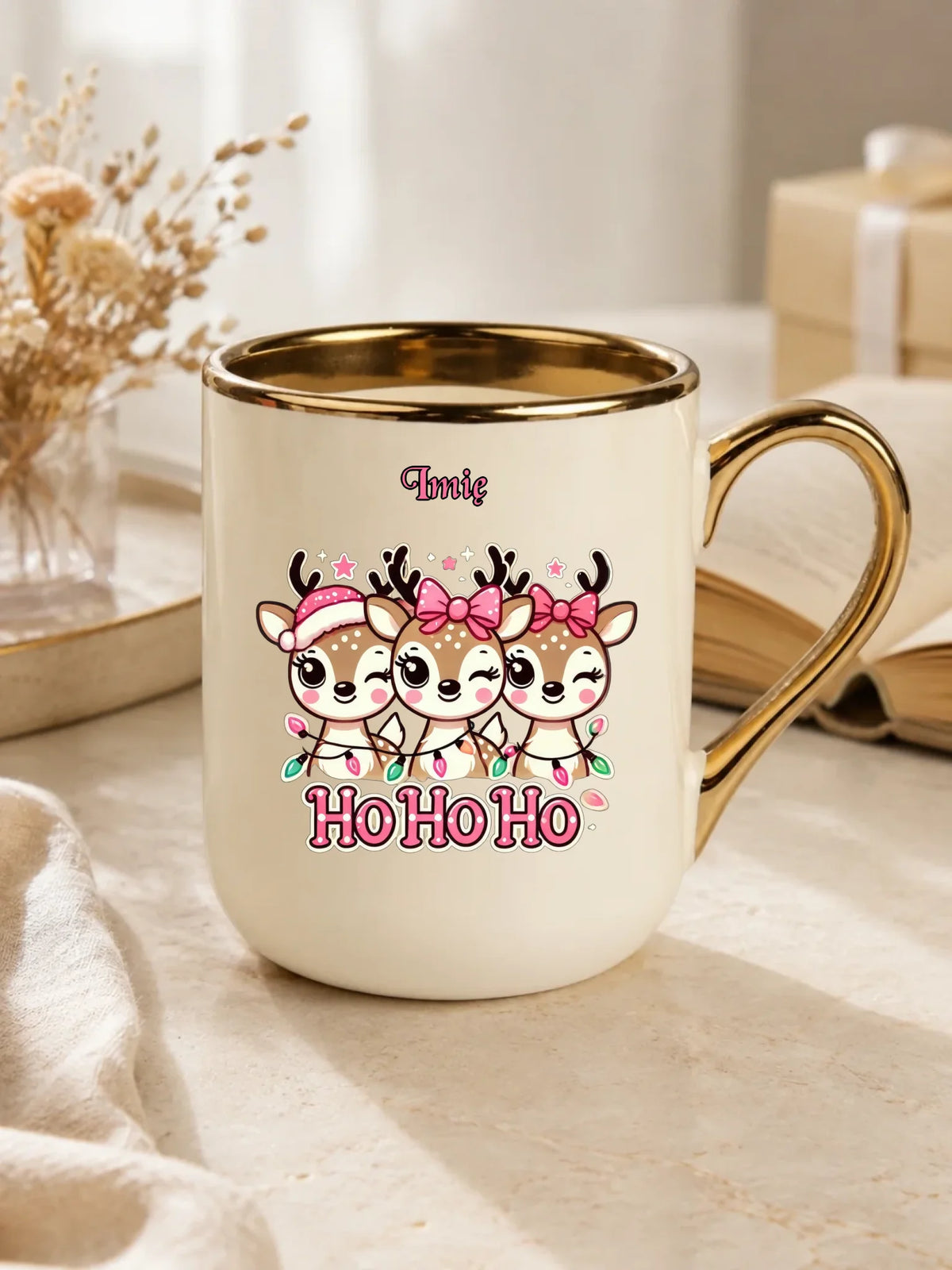 Kubek elegant świąteczny - Ho ho ho Słodkie reniferki - personalizowany BN49