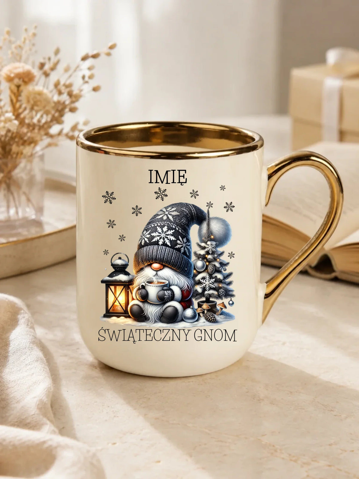 Kubek elegant świąteczny - Gnom z czekoladą - personalizowany BN41