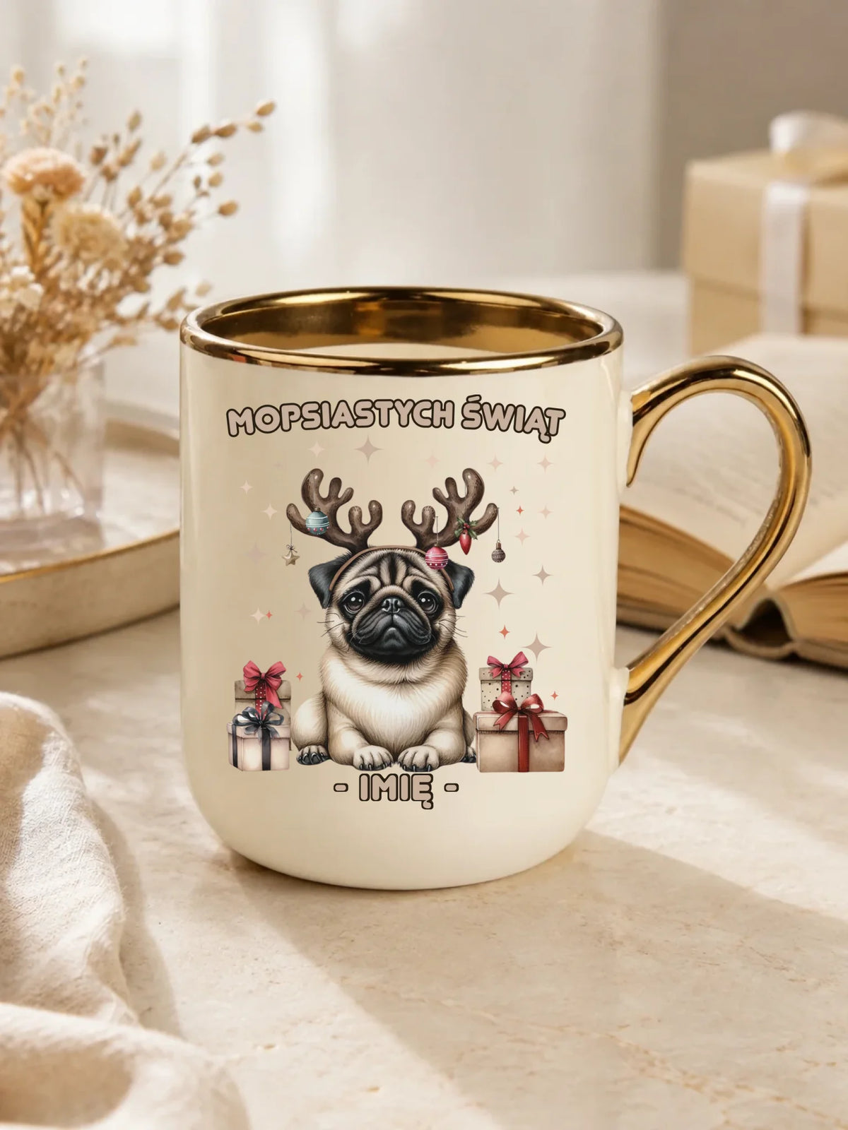 Kubek elegant świąteczny - Mops Mopsiastych świąt - personalizowany BN91