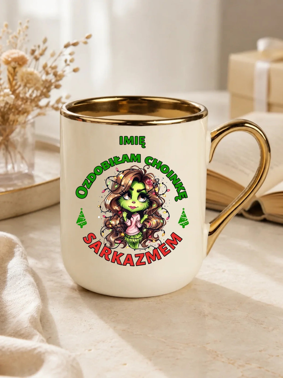 Kubek elegant świąteczny - Grinch - Ozdobiłam choinkę sarkazmem - personalizowany BN115
