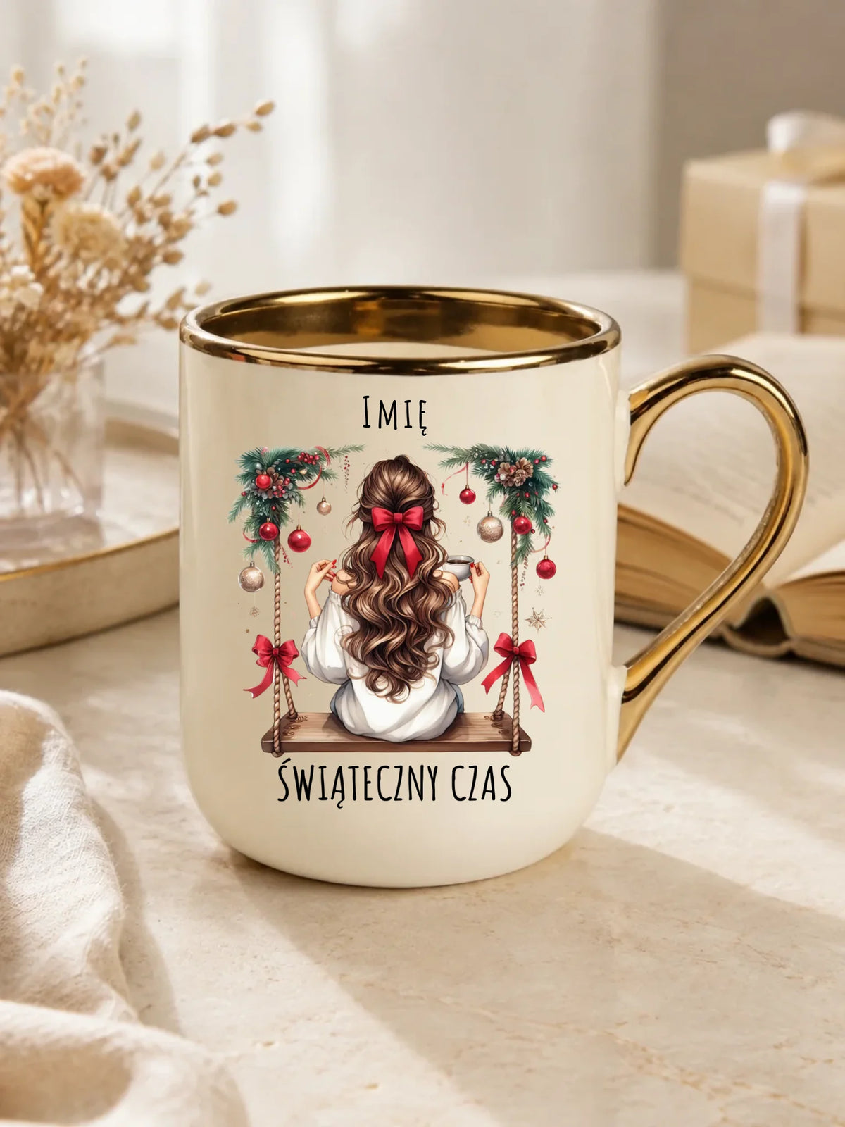 Kubek elegant świąteczny - Dziewczyna na huśtawce - Świąteczny czas - personalizowany BN105