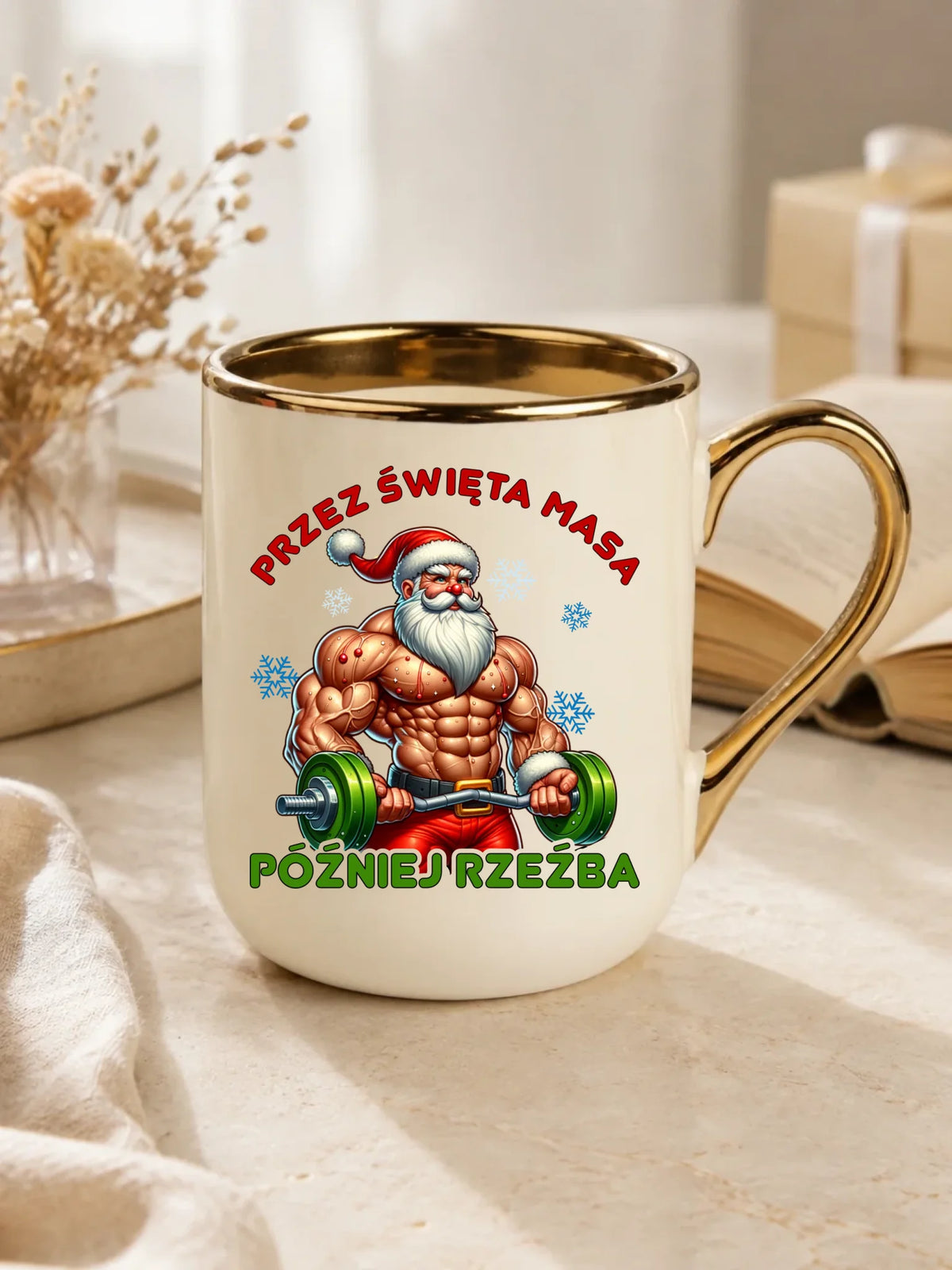 Kubek elegant świąteczny - Mikołaj na siłowni - Przez święta masa, później rzeźba BN139