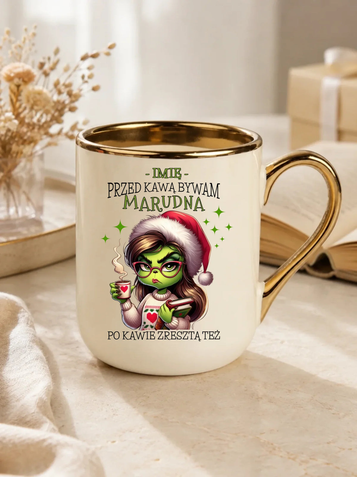Kubek elegant świąteczny - Grinch - Przed kawą bywam marudna - personalizowany BN116