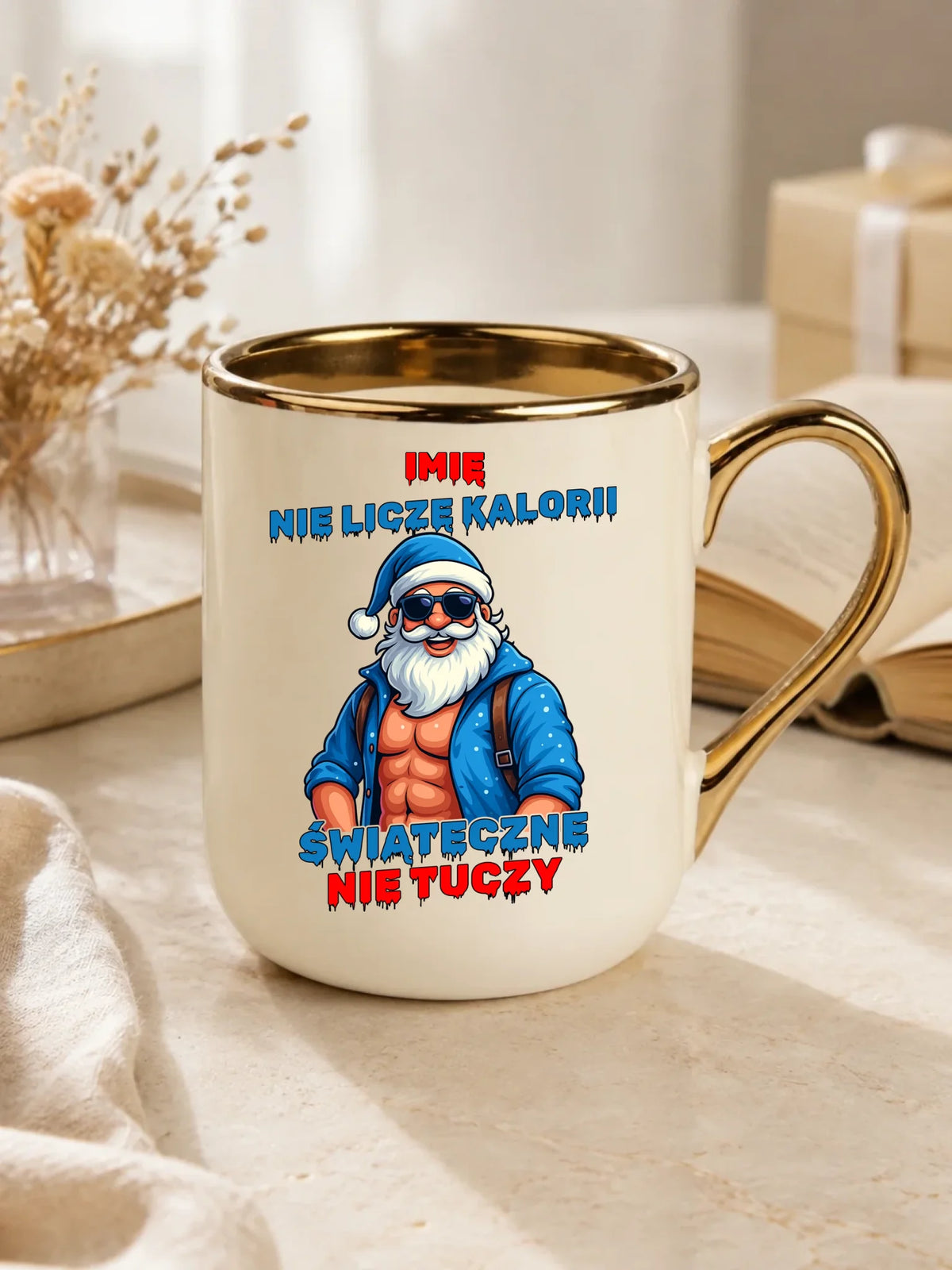 Kubek elegant świąteczny z Mikołajem - Świąteczne nie tuczy - personalizowany BN118