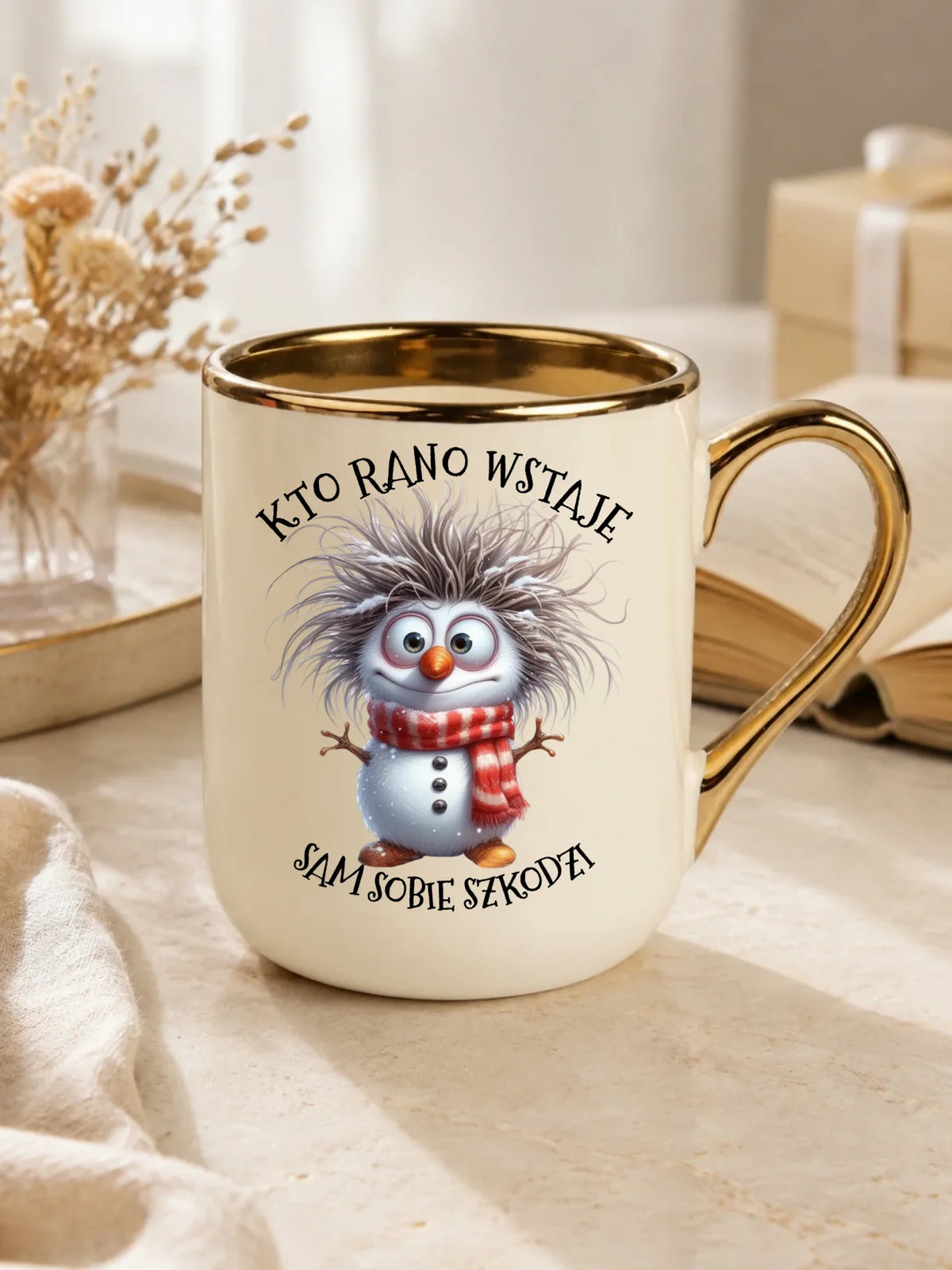 Kubek elegant świąteczny - Bałwanek - Kto rano wstaje sam sobie szkodzi BN133