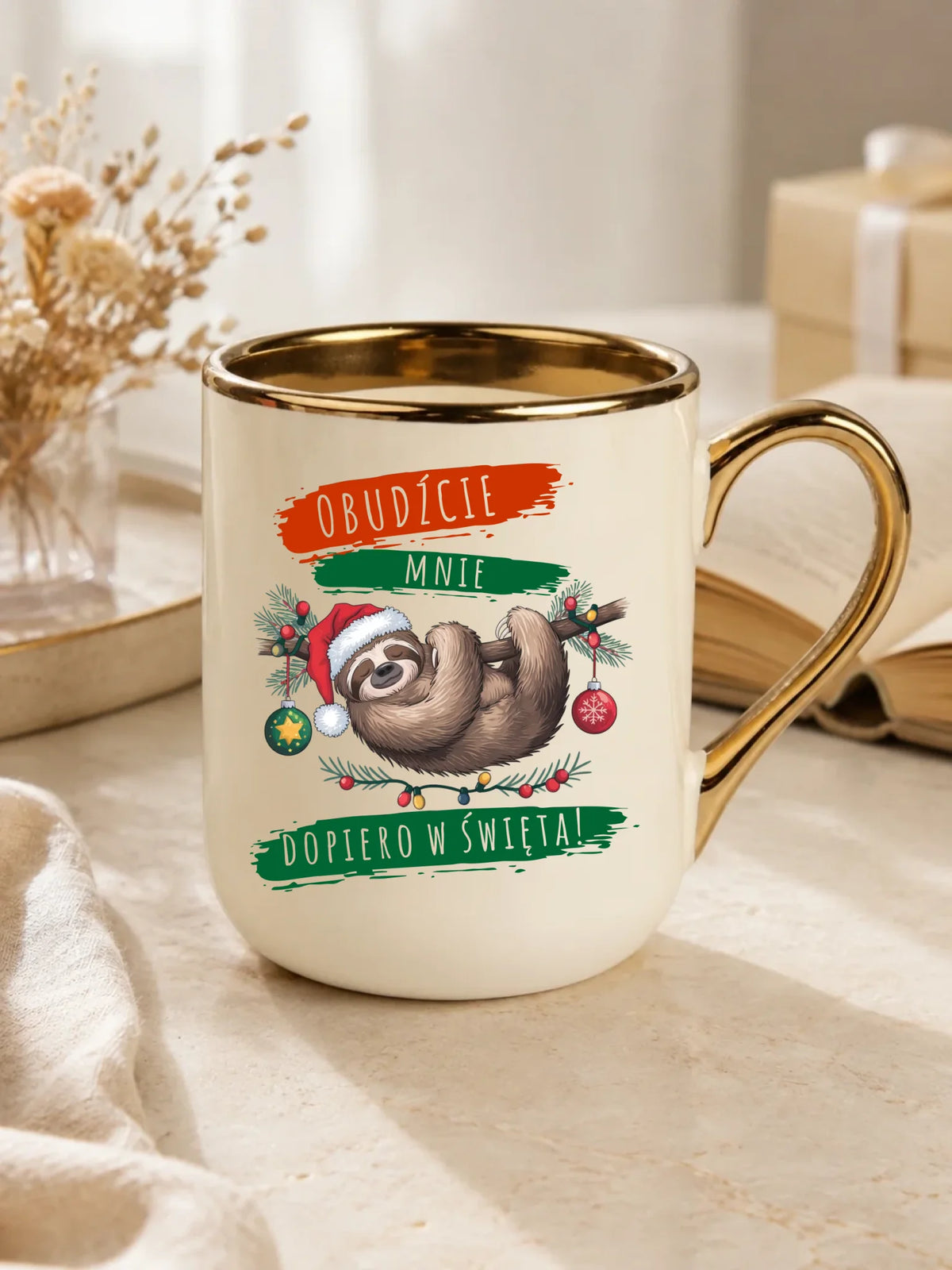 Kubek elegant świąteczny - Leniwiec - Obudźcie mnie dopiero w święta BN02