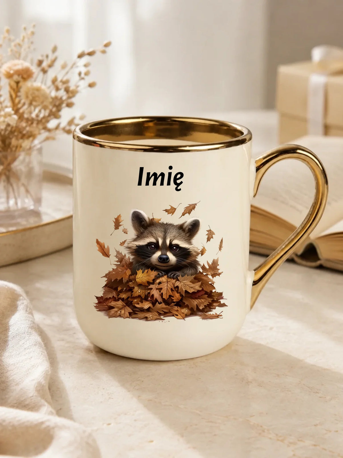 Kubek elegant jesienny - Szop w liściach - personalizowany JS24