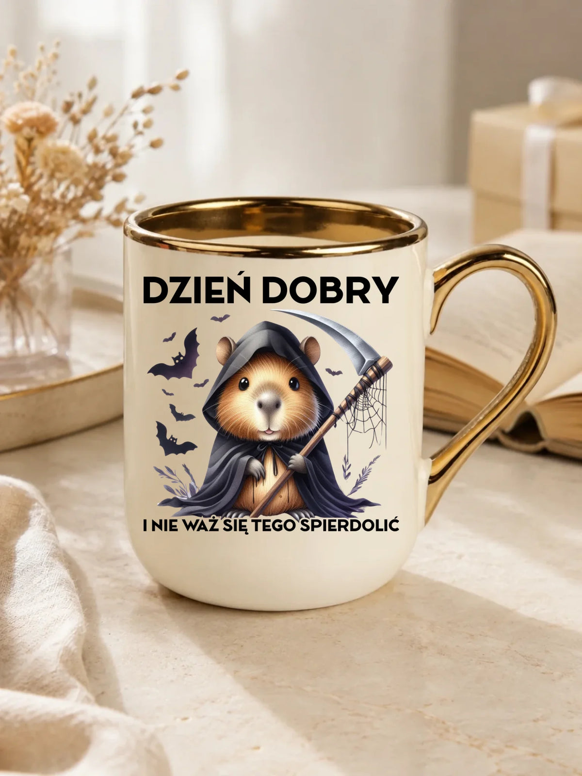 Kubek elegant halloweenowy - Kapibara Żniwiarz - Dzień dobry - bez cenzury HL20