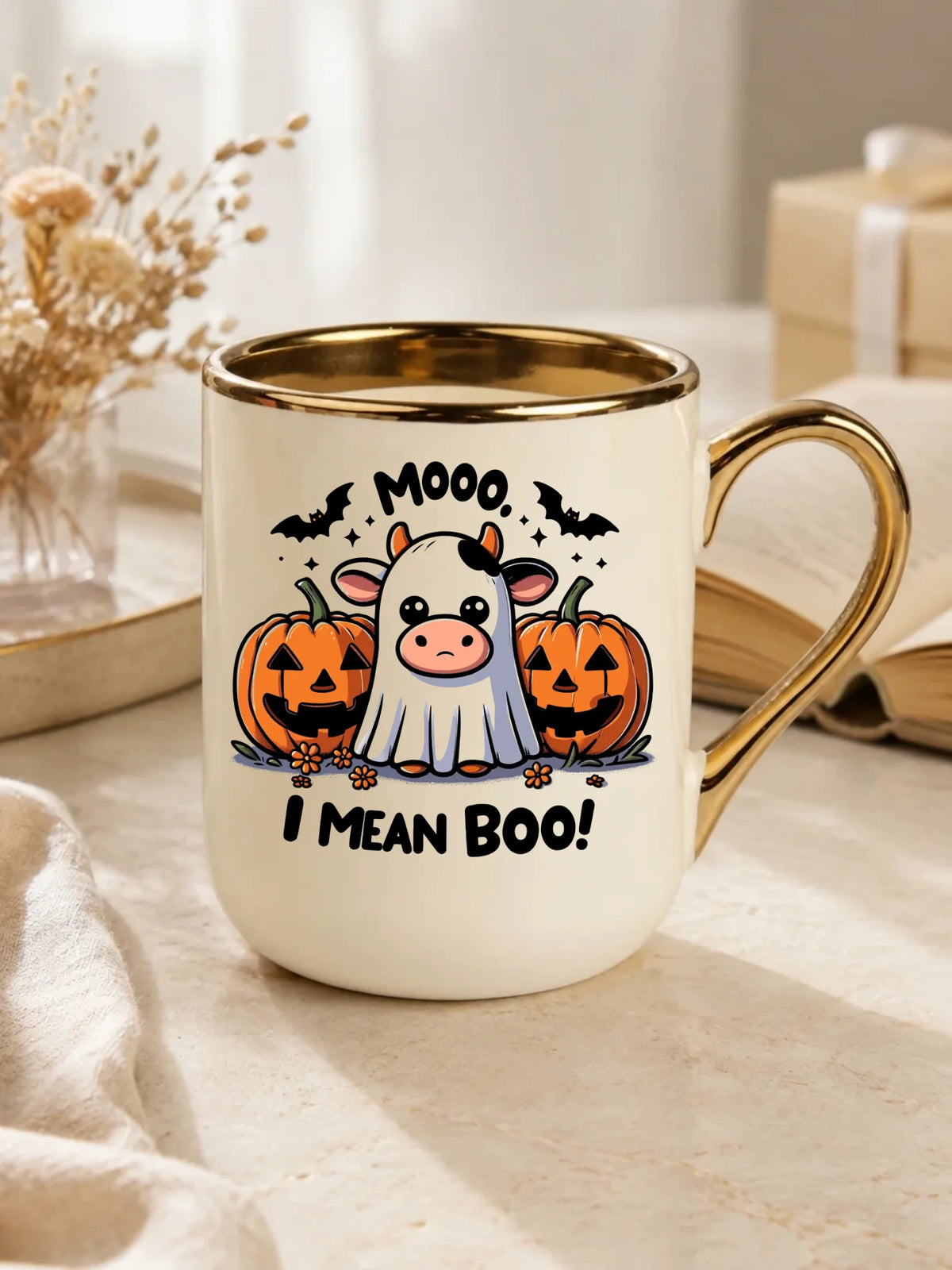 Kubek elegant na Halloween - Mooo I mean Boo! - z dynią i duchem HL14