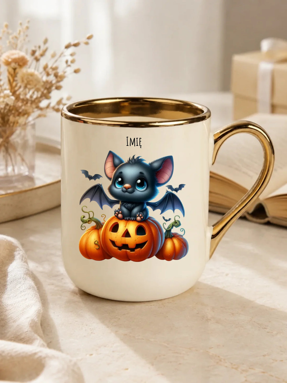 Kubek elegant na halloween - Słodki nietoperz z dynią - personalizowany HL09