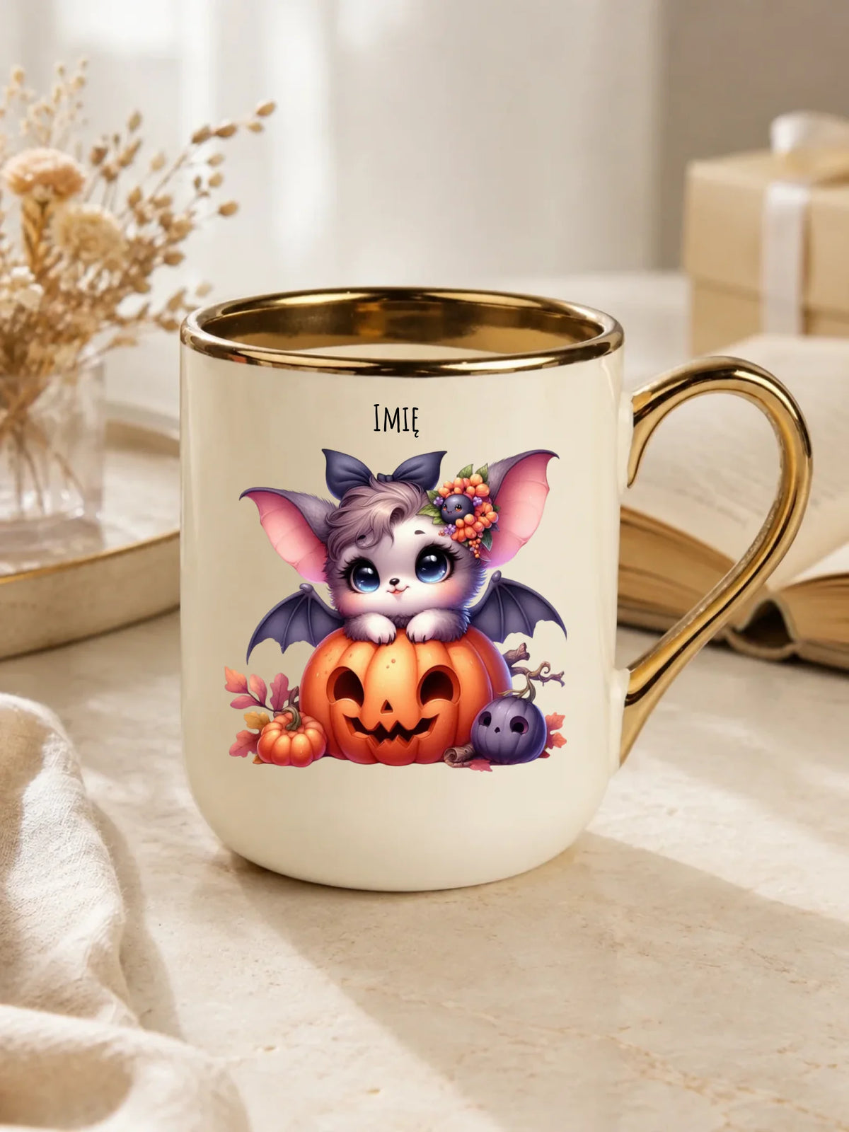 Kubek elegant halloweenowy - Uroczy nietoperz z dynią - personalizowany HL08