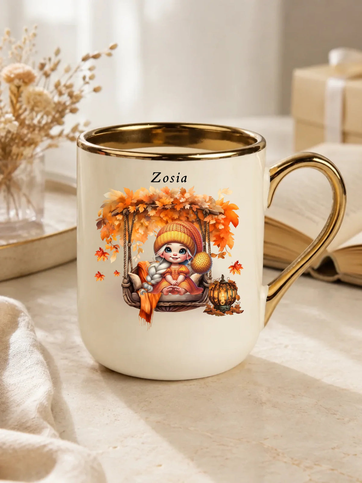 Kubek elegant jesieniara - Dziewczynka z liśćmi - personalizowany JS17