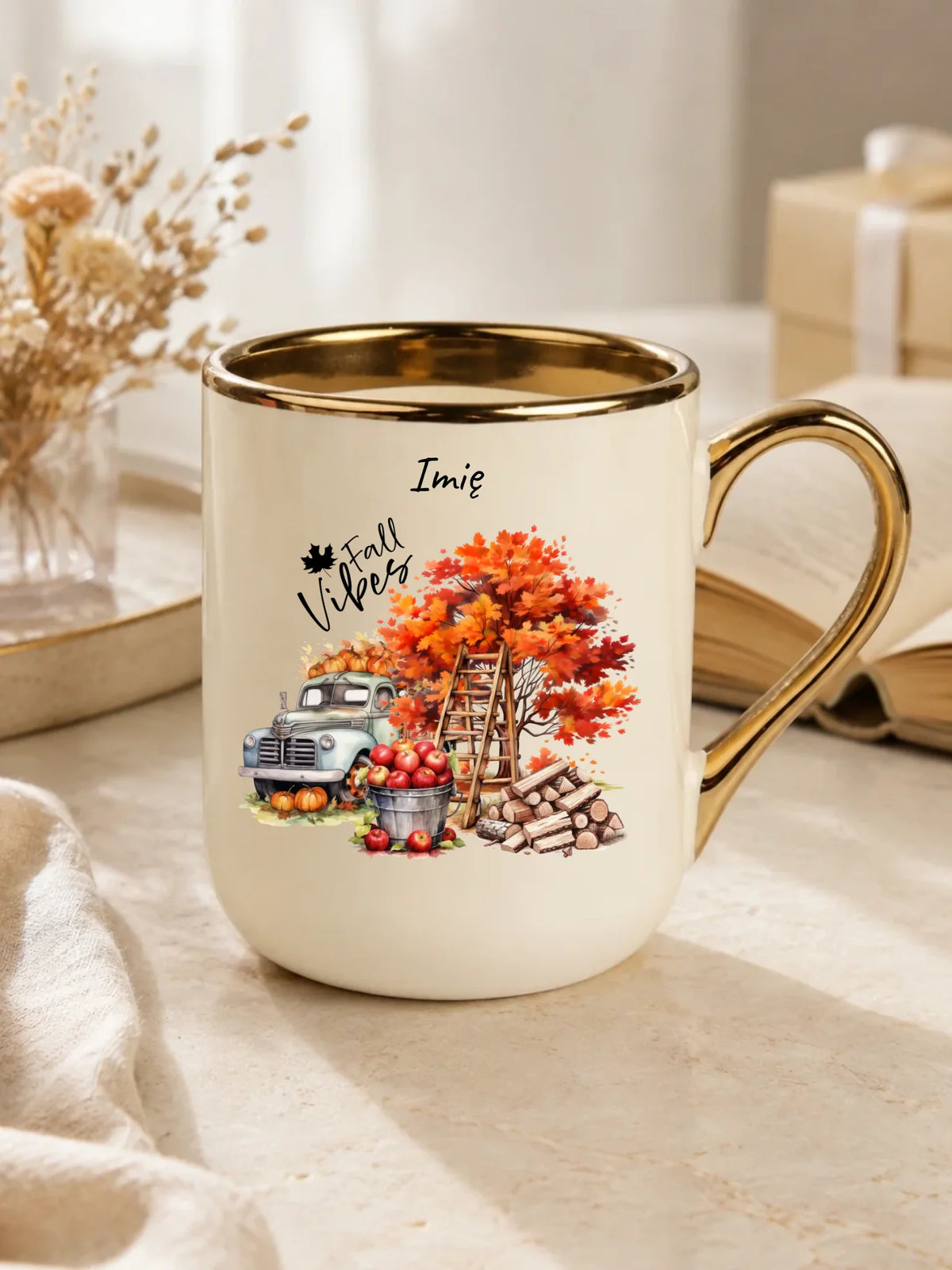 Kubek elegant jesienny – Vintage auto dynie i jabłka – personalizowany JS07