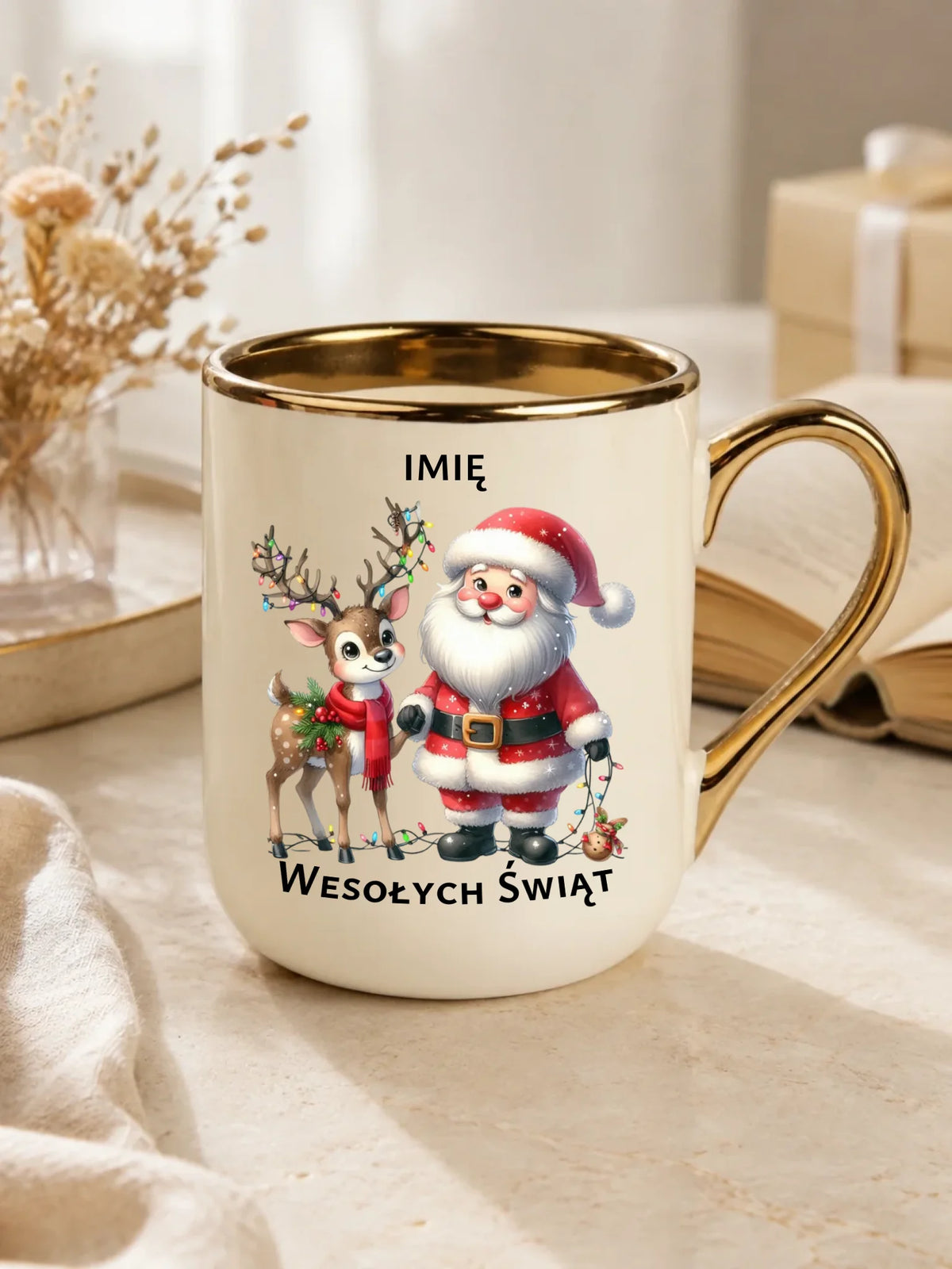 Kubek elegant świąteczny - Mikołaj z reniferem - personalizowany BN09