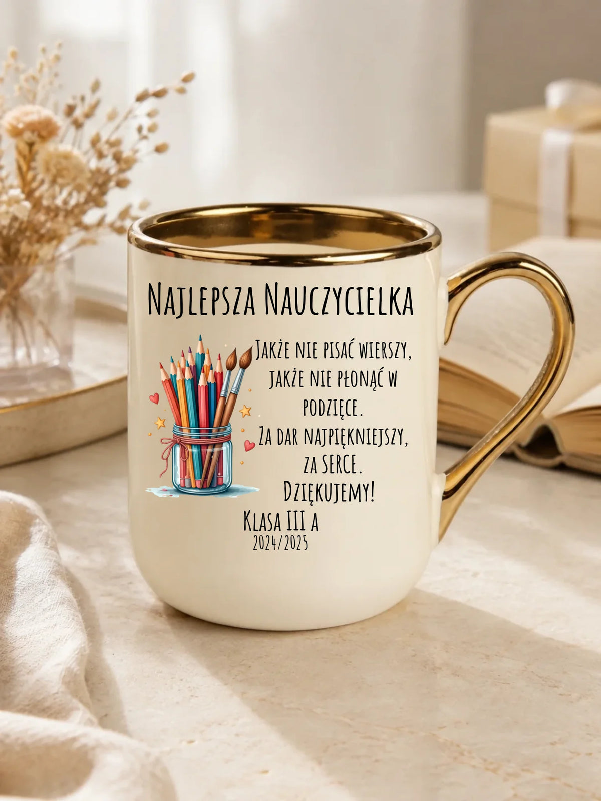 Za dar najpiękniejszy za serce | Kubek elegant dla najlepszej nauczycielki na prezent N20
