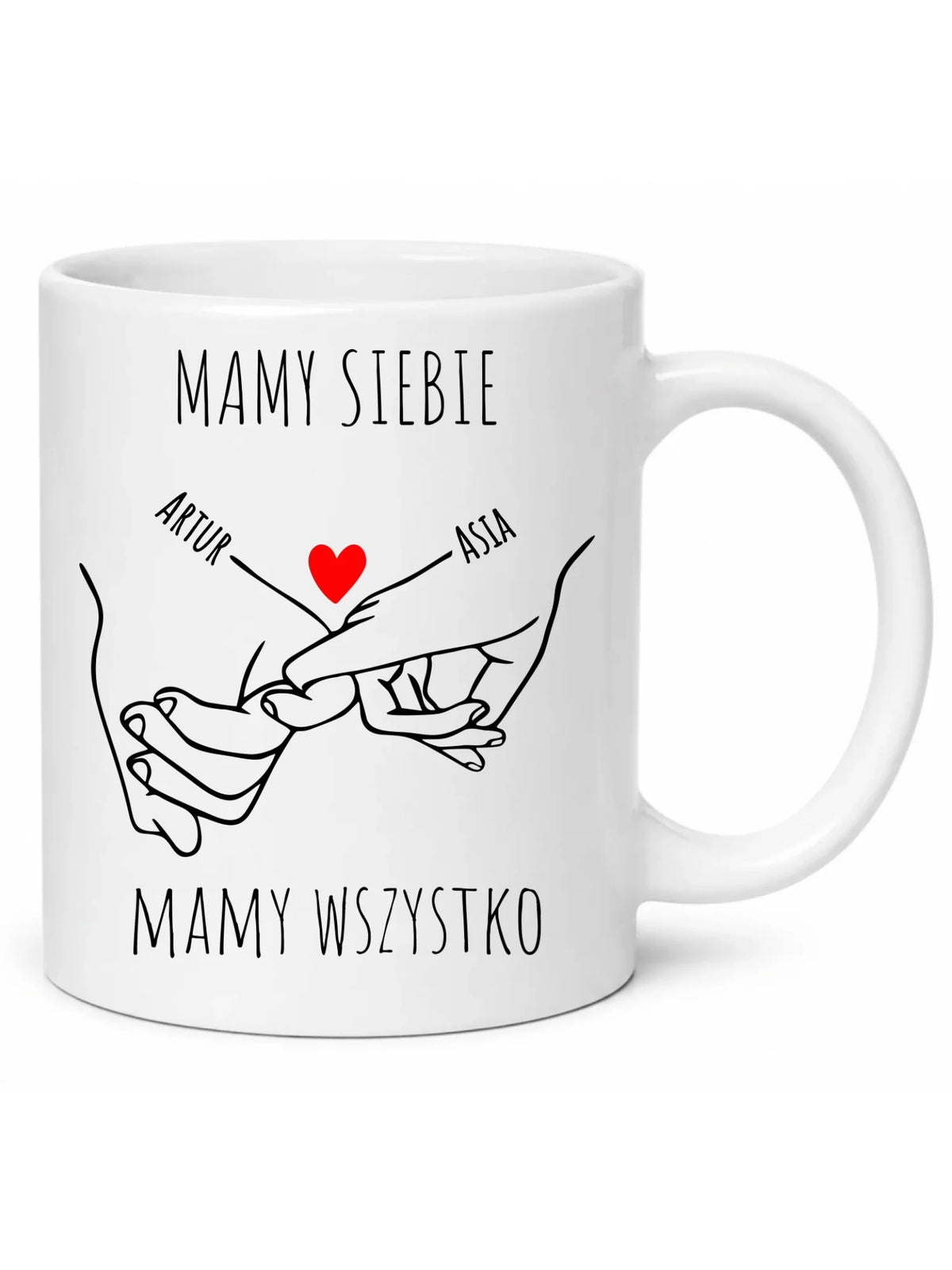 Kubek dla par - Zaplecione ręce mamy siebie mamy wszystko - personalizowany W63