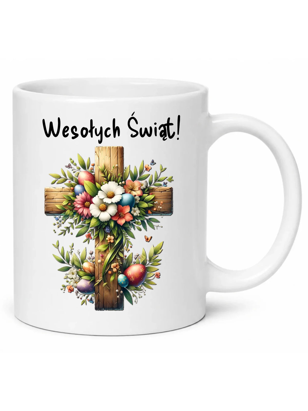 Kubek na Wielkanoc - Krzyż z kwiatami Wesołych Świąt WN02