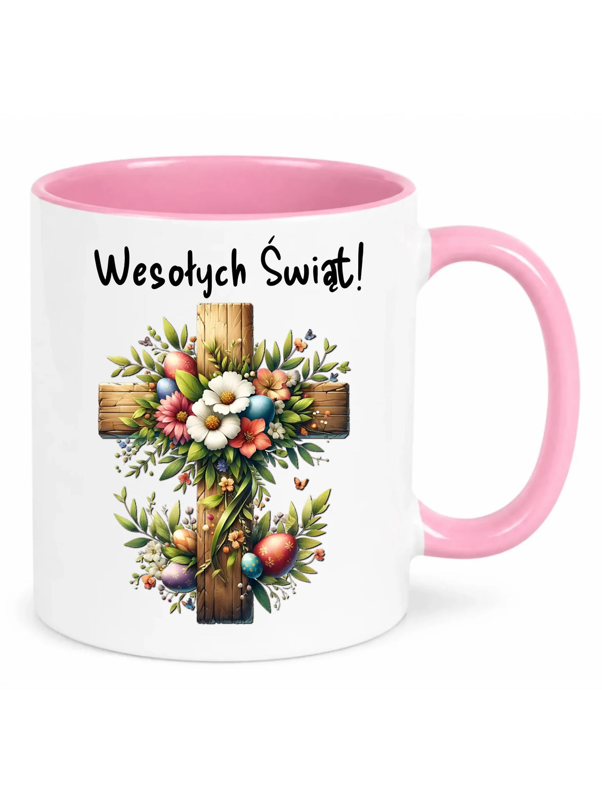 Kubek na Wielkanoc - Krzyż z kwiatami Wesołych Świąt WN02