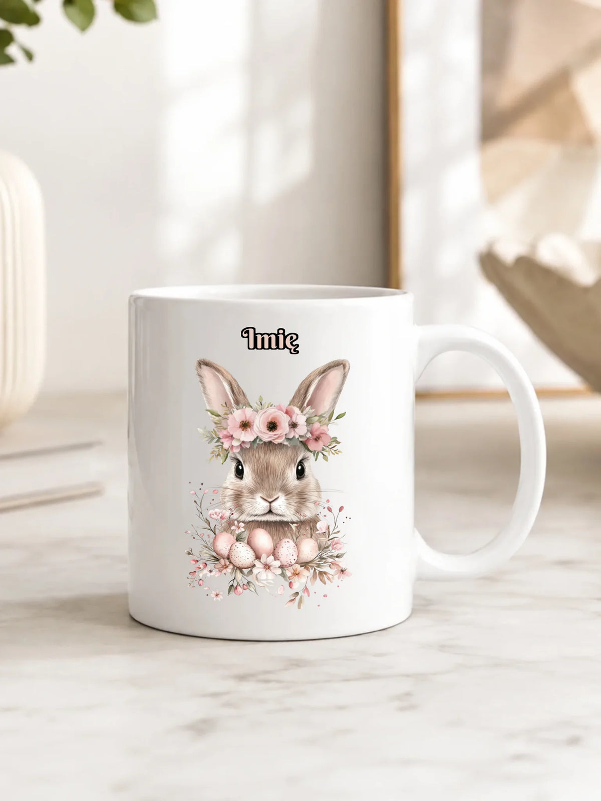 Kubek na Wielkanoc - Zajączek Boho w kwiatach - Prezent personalizowany WN05