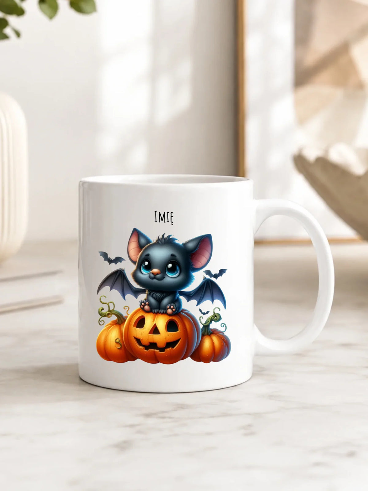 Kubek halloweenowy - Słodki nietoperz z dynią - personalizowany HL09