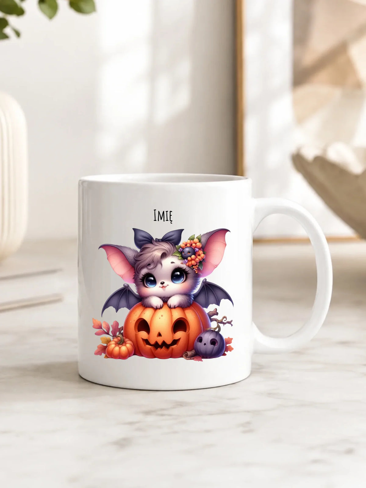 Kubek halloweenowy - Uroczy nietoperz z dynią - personalizowany HL08