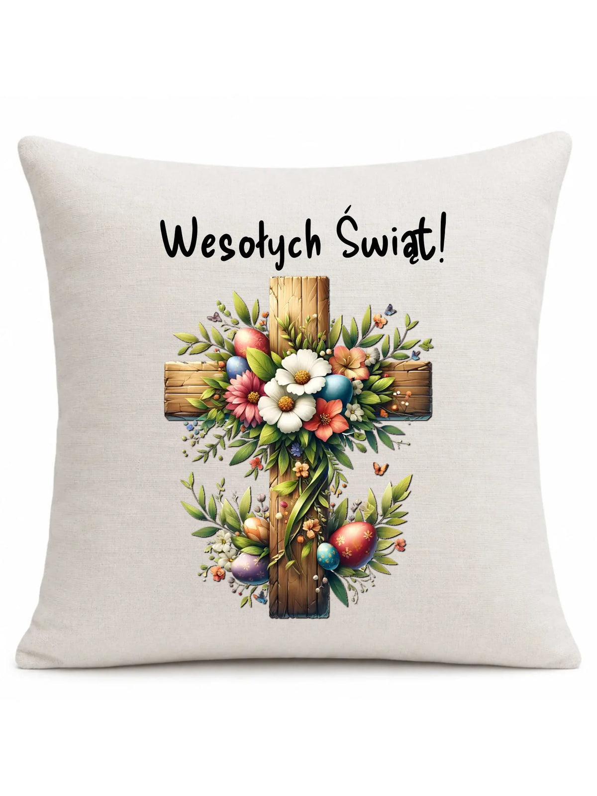 Poduszka na Wielkanoc - Krzyż z kwiatami Wesołych Świąt WN02