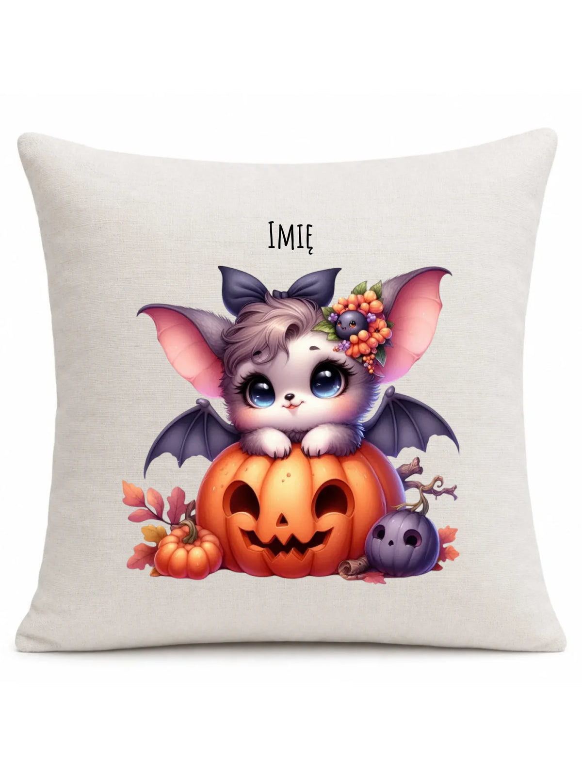 Poduszka halloweenowa - Uroczy nietoperz z dynią - personalizowana HL08
