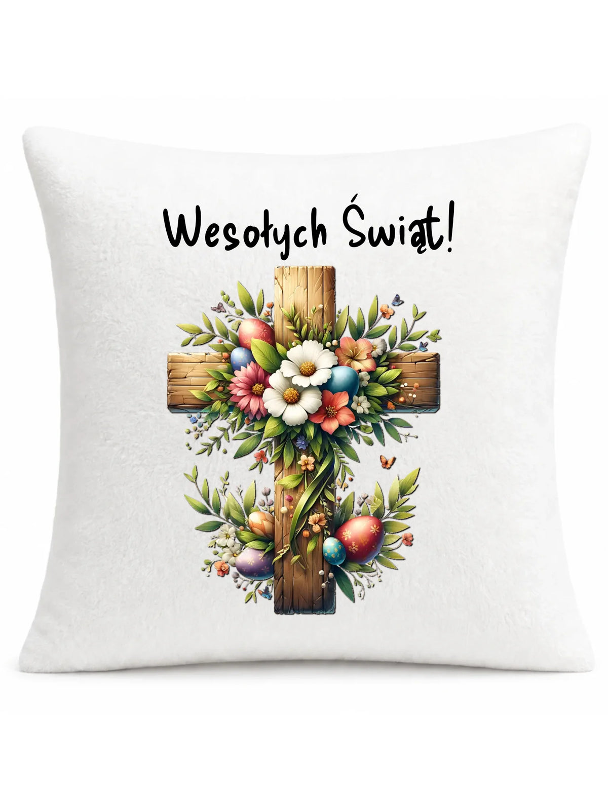 Poduszka na Wielkanoc - Krzyż z kwiatami Wesołych Świąt WN02