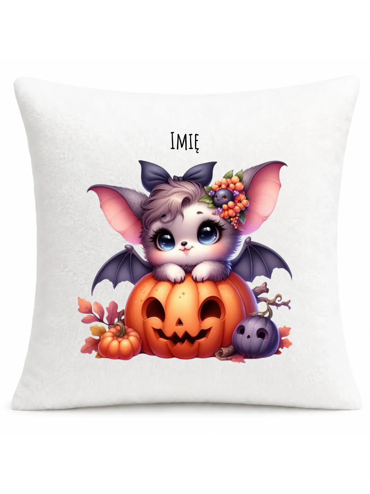 Poduszka halloweenowa - Uroczy nietoperz z dynią - personalizowana HL08