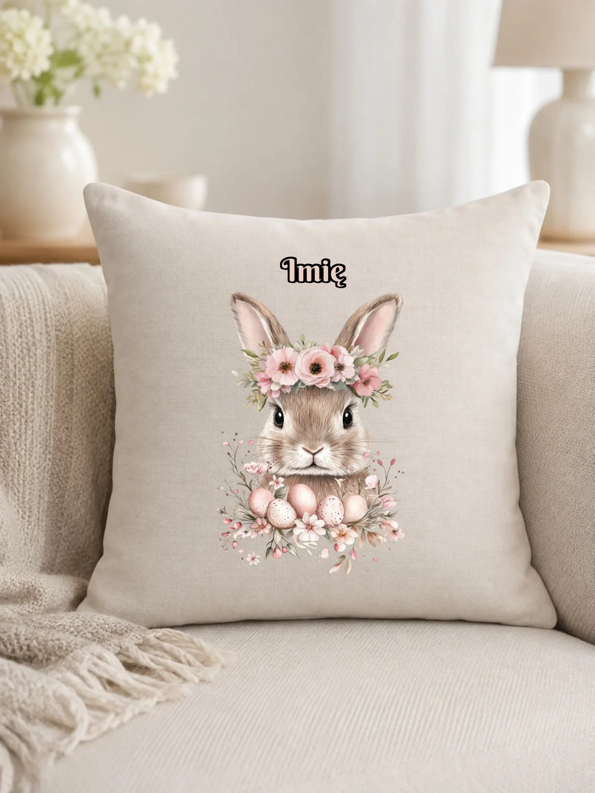 Poduszka dekoracyjna na Wielkanoc - Zajączek Boho - personalizowana WN05