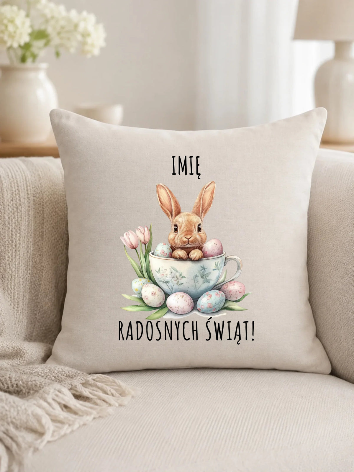 Poduszka na Wielkanoc - Zajączek radosnych świąt - personalizowana WN01