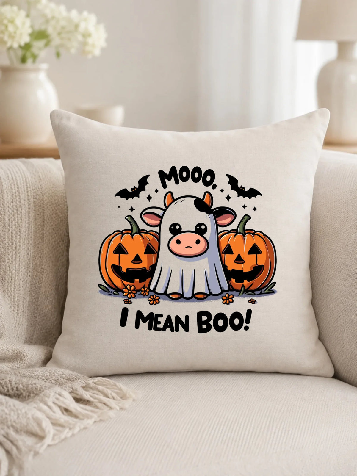 Poduszka na Halloween - Mooo I mean Boo! - z dynią i duchem HL14
