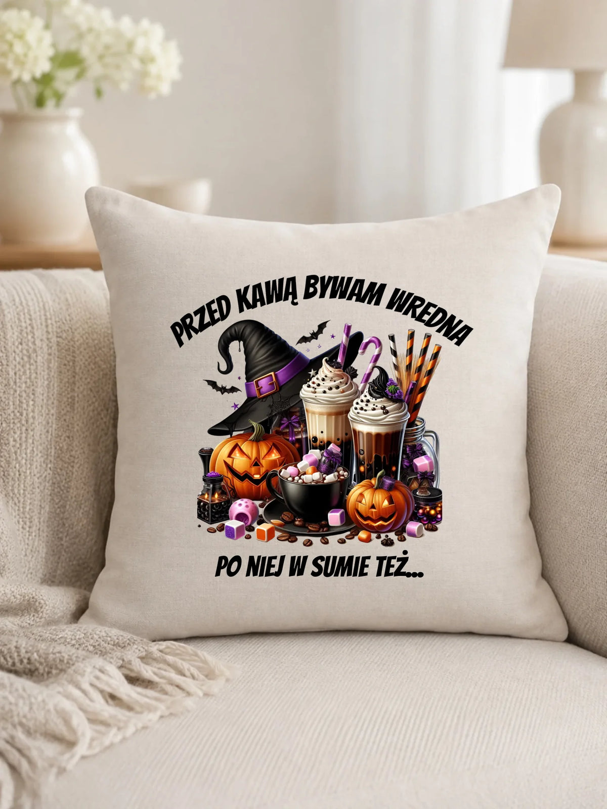 Poduszka Halloween – Przed kawą bywam wredna, po niej w sumie też HL30