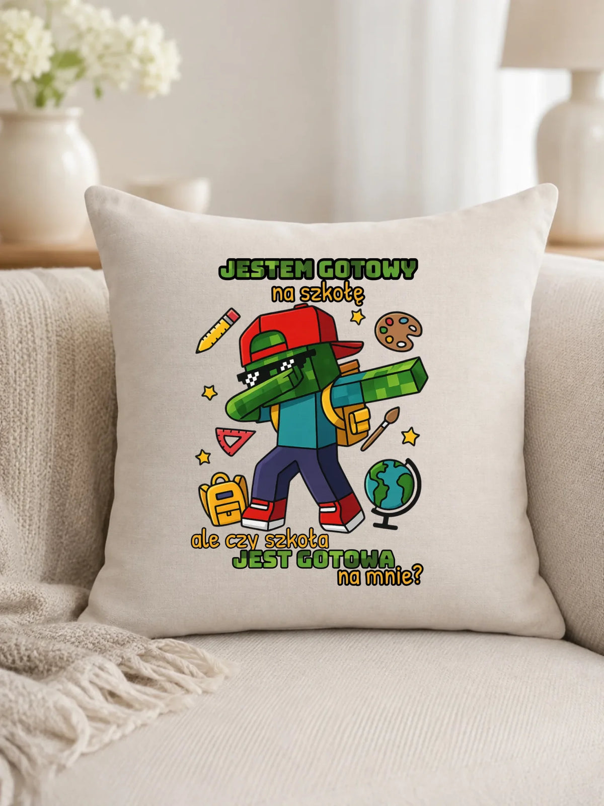 Poduszka inspirowana Minecraft'em Jestem gotowy na szkołę SZ05