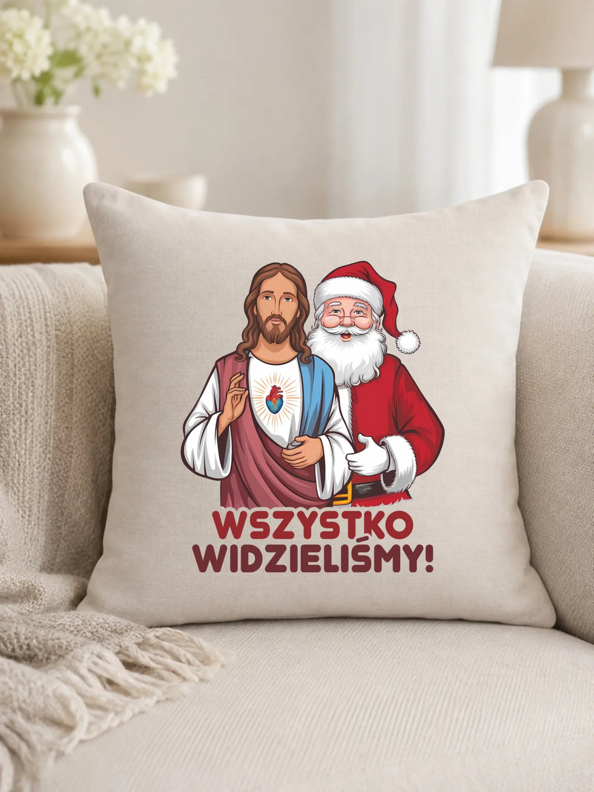 Poduszka świąteczna - Jezus i Mikołaj Wszystko widzieliśmy BN89