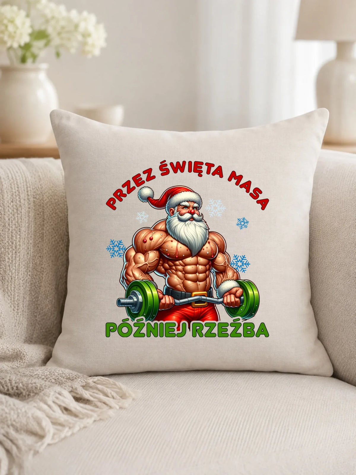Poduszka świąteczna - Mikołaj na siłowni - Przez święta masa, później rzeźba BN139