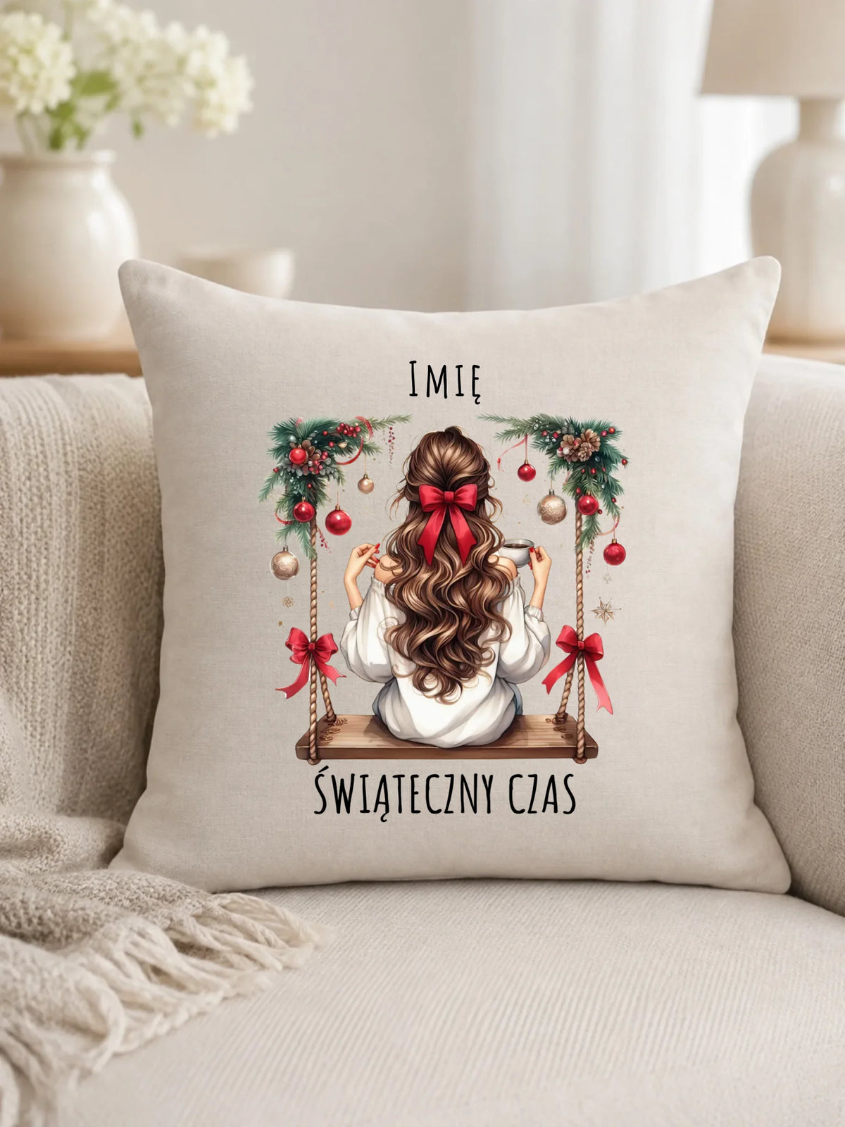 Poduszka świąteczna - Dziewczyna na huśtawce - Świąteczny czas - personalizowana BN105