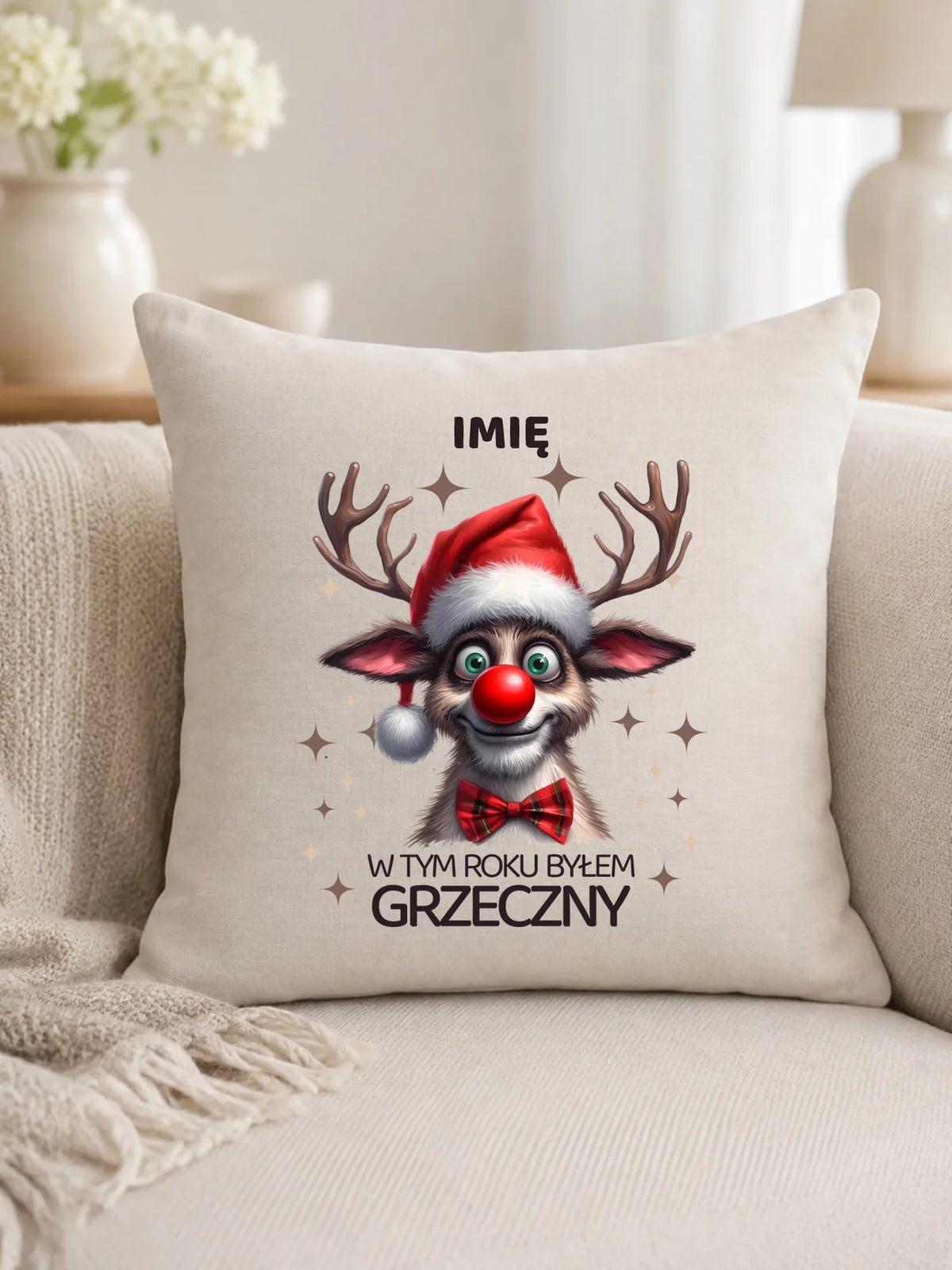 Poduszka świąteczna - Renifer W tym roku byłem grzeczny - personalizowana BN96