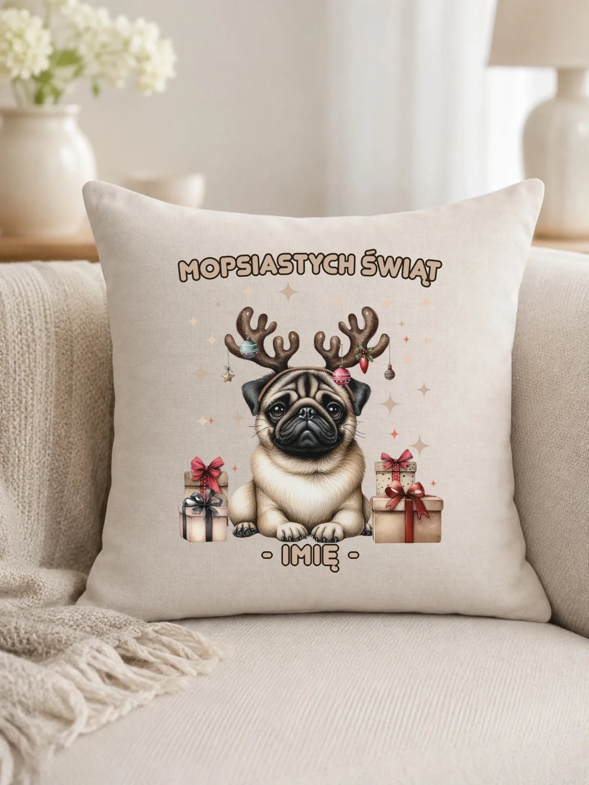Poduszka świąteczna - Mops Mopsiastych świąt - personalizowana BN91