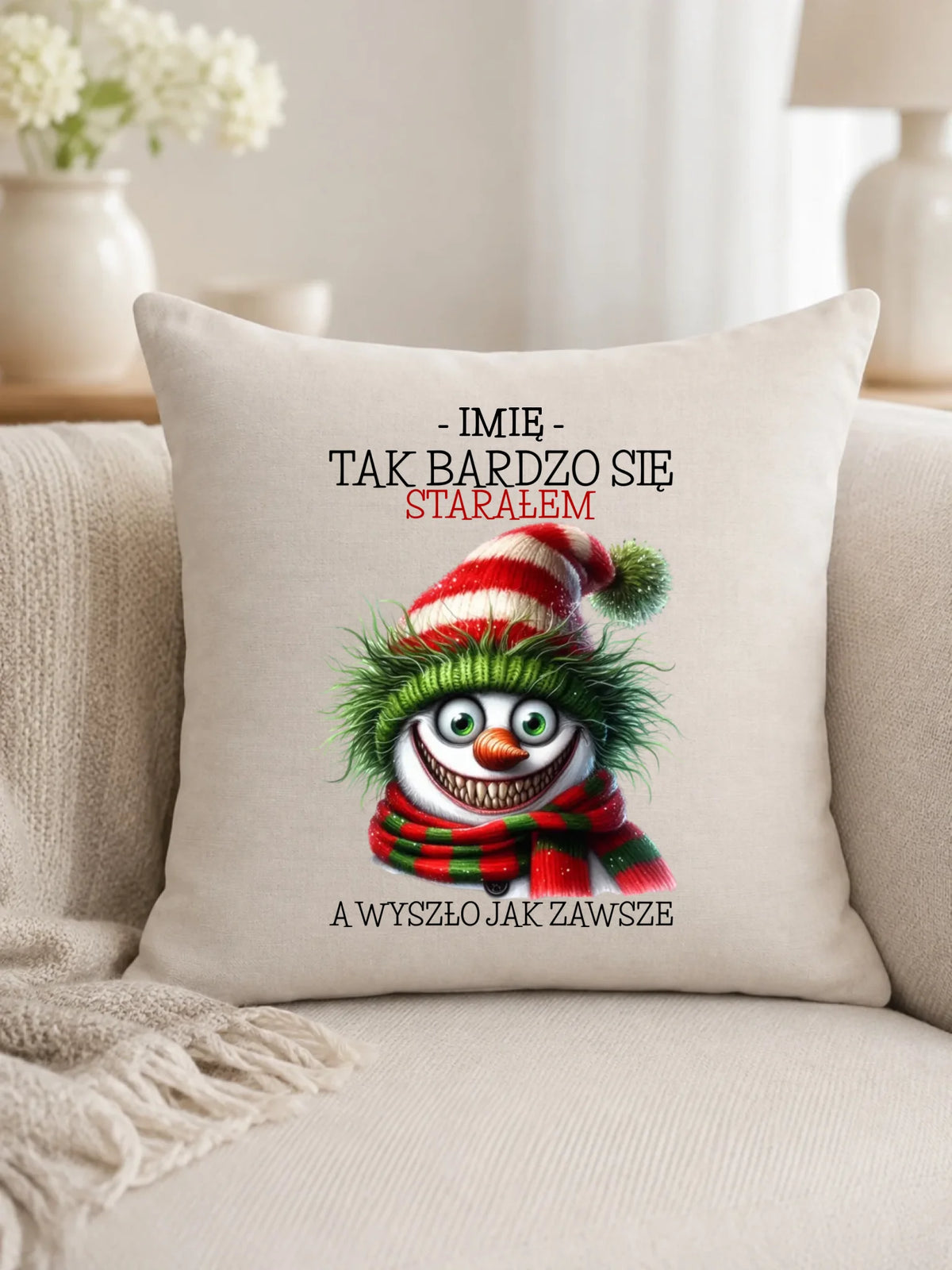 Poduszka świąteczna z bałwanem - Tak bardzo się starałem - personalizowana BN120