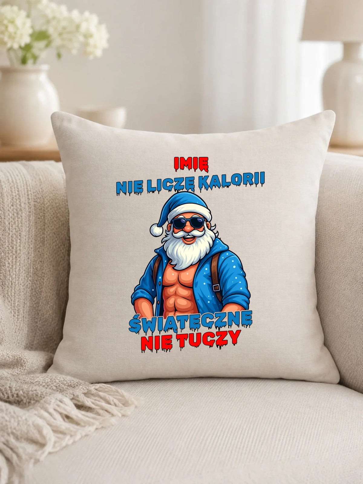 Poduszka świąteczna z Mikołajem - Świąteczne nie tuczy - personalizowana BN118